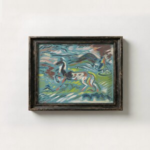 A modern expressionist folk art painting of a patterned horse leaping through a stylized landscape, featuring a vibrant palette of patina blue, jade green, and terracotta red accents.