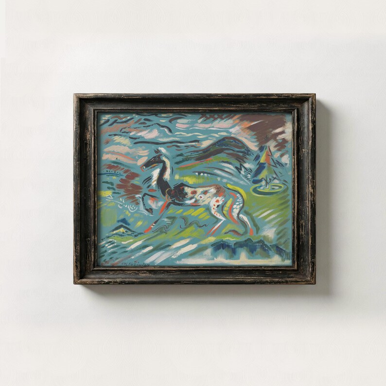 A modern expressionist folk art painting of a patterned horse leaping through a stylized landscape, featuring a vibrant palette of patina blue, jade green, and terracotta red accents.