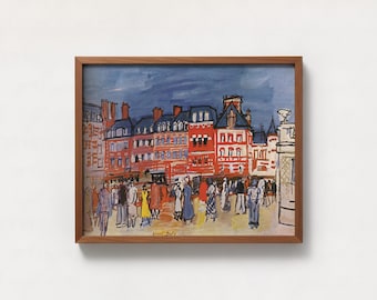 Vintage French Town Skyline Painting, Oil Naive Impressionist Cityscape Wall Art, Antique Blue France City Moody Decor, Mailed Framed Print