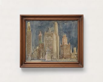Vintage Chicago Skyline Watercolor Print, Blue Impressionist Cityscape Wall Art