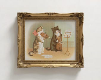 Lámina con ilustración de gato caprichoso / Estilo victoriano vintage para sala de música o habitación infantil.
