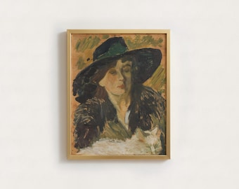 Woman with Cat Oil Painting Print | Lady in Black Hat Art | Moody Impressionist Portrait | Dark Academia Wall Art | Vintage Aesthetic Poster