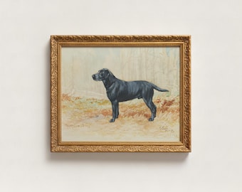 Cuadro antiguo de Labrador negro / Arte mural de perro de herencia, decoración deportiva tradicional antigua, lámina enmarcada para recibidor de casa de campo