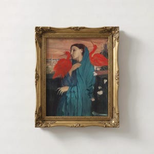 Scarlet Ibis Portrait | Vintage Oil Painting Print, Teal and Red Moody Wall Prints, Surrealist Post-Impressionist Fine Art Gallery Decor