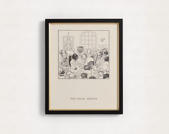 Vintage Funny Attorney Gift | Lawyer Cat Legal Dispute, Victorian Satirical Illustration, Dark Academia Courtroom Decor, Whimsical Pen Art