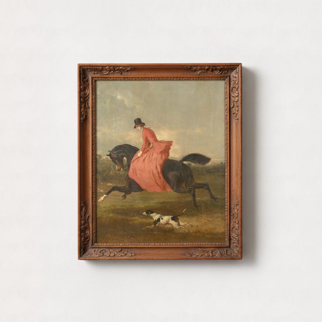 Vintage Equestrian Portrait Oil Painting Prints, Woman Riding Horse ...