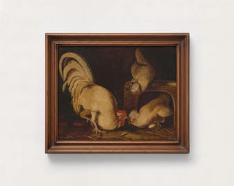 Vintage Rooster Oil Painting Print | Moody Farmhouse Kitchen Wall Art, Antique Chicken Painting, Dark Academia Decor, Country Fowl Art