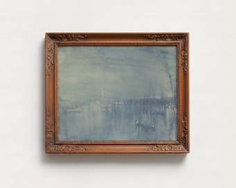 Pintura de paisaje urbano azul brumoso / Arte de cielo nocturno etéreo al atardecer, paisaje tonalista enmarcado, lámina impresionista melancólica