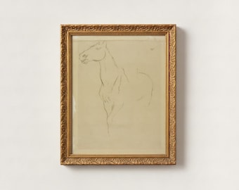 Boceto vintage de un caballo pura sangre, arte mural monocromático impresionista de animales, decoración minimalista antigua de estilo académico oscuro, impresión enmarcada