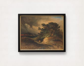 Vintage Stormy Landscape Oil Painting | Moody Thunderstorm Art, Dark Nature Wall Decor, Antique Lightning Scene, Gothic Art