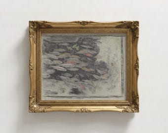 Vintage Goldfish Aquarium Charcoal Sketch | Muted Fish Impressionist Wall Art, Antique Moody Underwater Decor, Framed Grey & Gold Prints