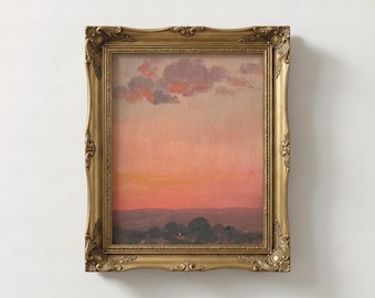 Moody Seascape Painting, Vintage Oil Impressionist Ocean Wall Art, Antique Pink Sunset Cottagecore Decor, Mailed Print