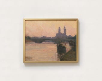 Grabado impresionista del río Sena en París / Pintura vintage de un paisaje con un puente francés, sobre papel o lienzo.