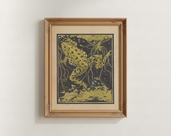 Arte mural de rana vintage / Decoración Art Nouveau de sapo verde estilo Dark Academia, póster de animales de estanque melancólico, lámina botánica Goblincore, ilustración de pantano