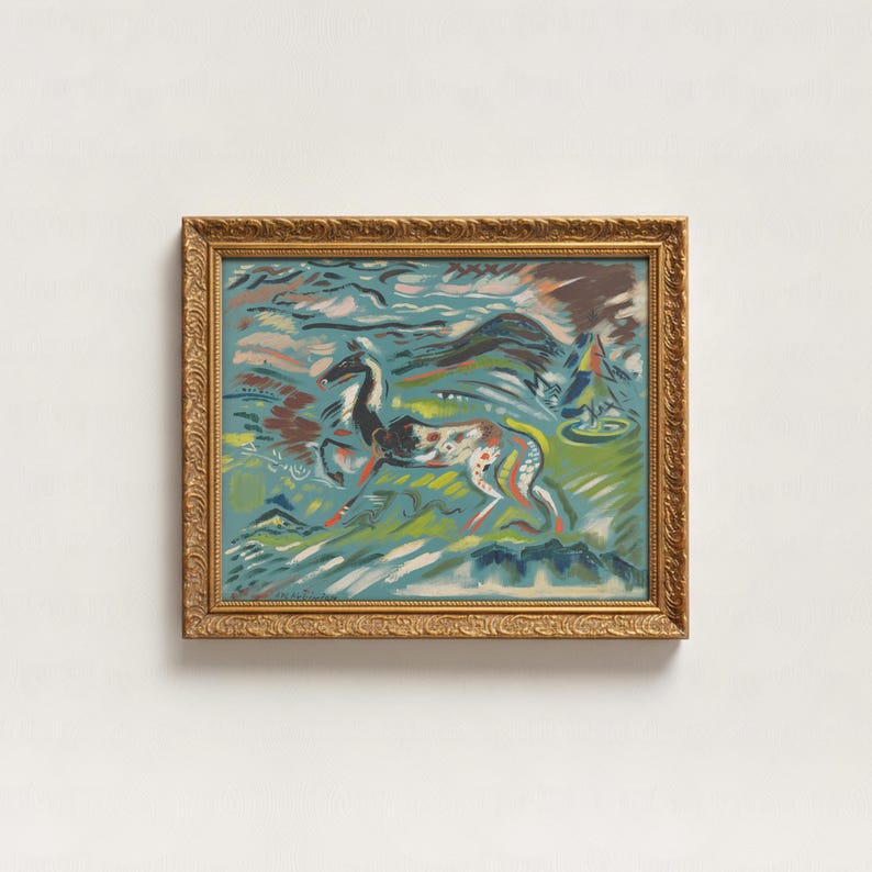 A modern expressionist folk art painting of a patterned horse leaping through a stylized landscape, featuring a vibrant palette of patina blue, jade green, and terracotta red accents.