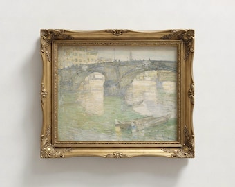 Pintura vintage de un puente italiano, arte mural de arquitectura urbana impresionista en tonos pastel, decoración antigua de agua con un tono melancólico apagado, impresión enmarcada enviada por correo.