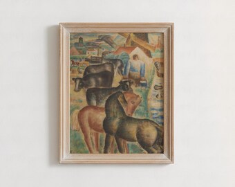 Folk Art Farm Scene Painting Print | Milking Time Rustic Country House Decor, Horses, Cows, Village Landscape Archival Paper Wall Art