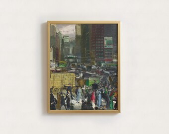 Lámina vintage de una escena callejera de Nueva York / Pintura al óleo de un paisaje urbano de Manhattan para decoración de pared, obra de arte urbana de la era industrial con un ambiente melancólico.