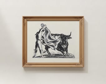 Vintage Bullfight Art Print | Matador & Bull Ink Sketch, Spanish Wall Art, Antique Masculine Decor, Goya Style Dark Academia Drawing