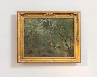 Antique Landscape Oil Painting, Impressionism Forest River Wall Art, Moody Green Home Decor, Vintage Fine Art, Mailed Print