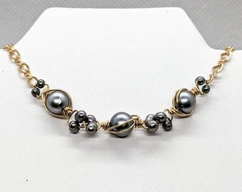 Black Freshwater Pearl & 14kt Yellow Gold Filled. Genuine. Grey and gold 3 Link Geometric necklace, flat cable chain, lobster clasp