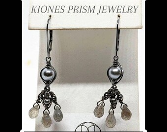 Black Freshwater Pearl, Labradorite & Oxidized Sterling Silver 92.5. Gray and Silver Geometric Drop Earrings. Leverback wires. Gift for Her