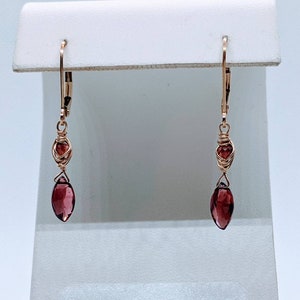 Garnet & 14kt yellow gold filled delicate dangle Earrings. Red gemstone and yellow gold simple drop Earrings Leverback Earwires Gift for Her