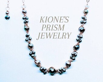 Black Freshwater Pearl, Labradorite & 14kt Rose Gold Filled Geometric Necklace Grey and Copper Color Adjustable Length Necklace Gift for Her