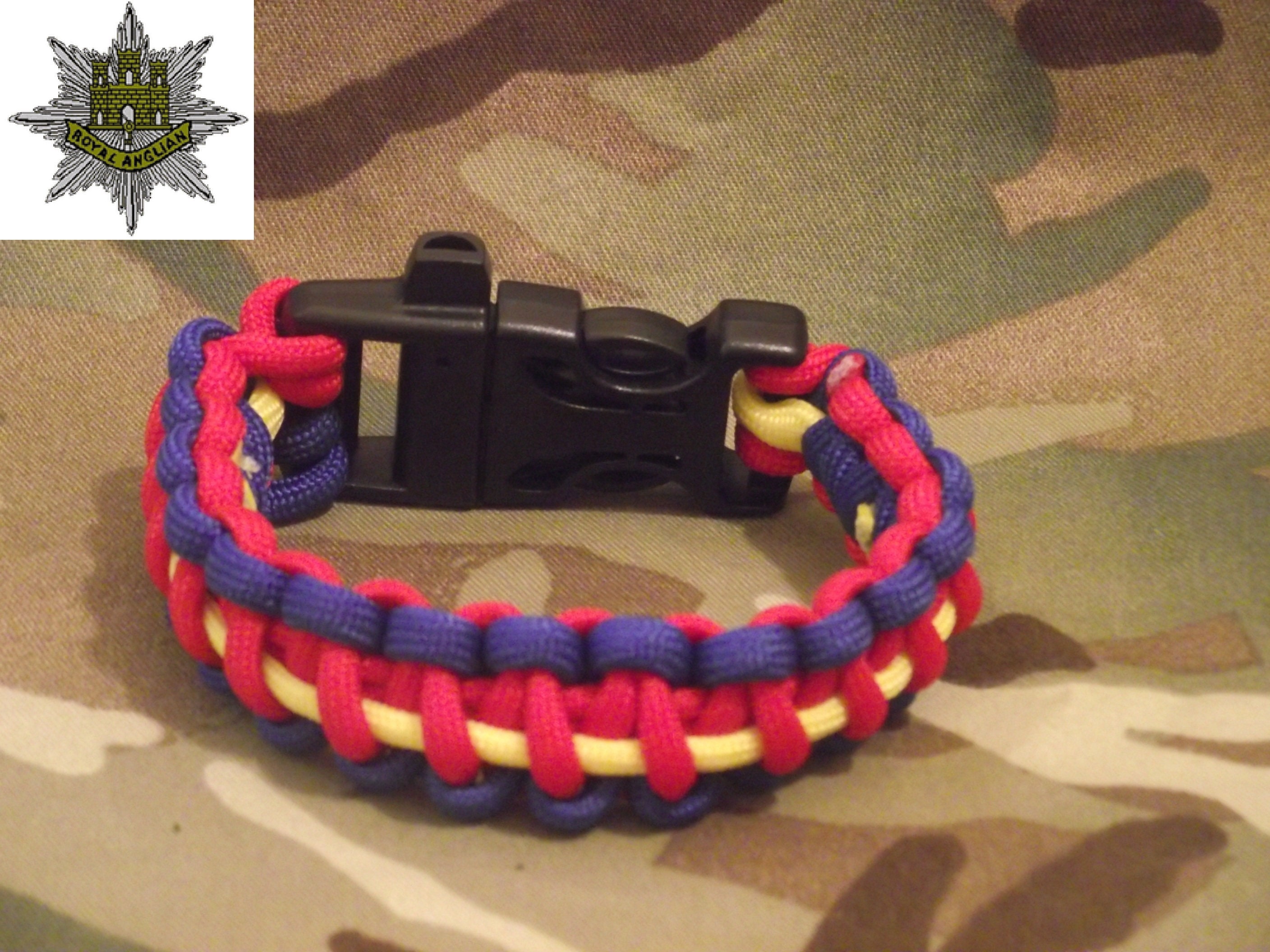 Custom Made British Army Royal Anglian 550lb Paracord Survival Bracelet 