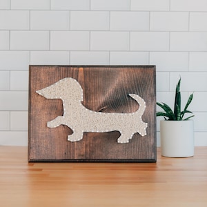 May include: A string art piece depicting a dachshund dog on a dark brown wooden frame. The dog is made of white string wrapped around nails.