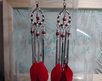 Long Red Feathered Boho Earrings
