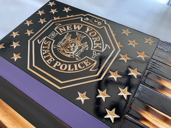Custom Thin Purple Line Wood American Flag – NY State Trooper Tribute