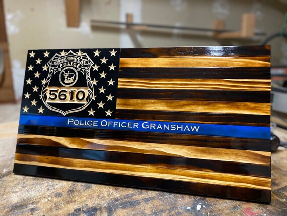 Handcrafted Thin Blue Line Wood American Flag – Featuring Suffolk County Police Dept Badge