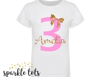 Girls Birthday T-Shirt White Pink Gold Girls Personalised With Name and Age Girls Birthday Shirt Top Tee Any Age 1st 2nd 3rd 4th 5th 6th