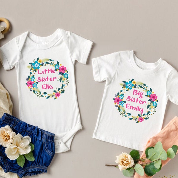 Big and Little Sister Wreath T-Shirts and Bodysuits, Boho Family Shirts , Baby Announcement Shirt, Promoted to Big Sister Summer Boho