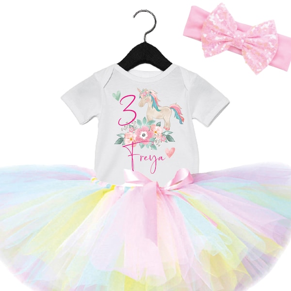 Girls Rainbow Birthday unicorn birthday outfit, Personalised unicorn outfit, Rainbow pastel tutu unicorn outfit, Ages 1-10 birthday tutu set