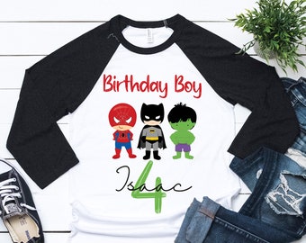 Boys superhero birthday t-shirt, superheroes long sleeve baseball raglan top, boys superheroes top, 1st, 2nd, 3rd, 4th, 5th, 6th top