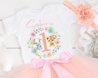 Personalised safari animals 1st birthday outfit,  First Birthday Cake Smash outfit, One today personalised girls outfit, Birthday tutu set