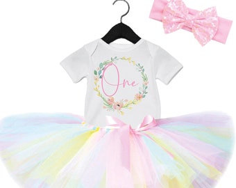 1st birthday outfit, Pastel tutu outfit, Pastel rainbow fluffy tutu, Floral birthday outfit, 2nd, 3rd birthday, 1st birthday outfit girl