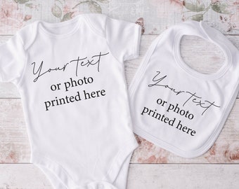 Personalised baby bodysuit, baby gift, baby baby grow, bib, cushion, mug, custom, your design, text or photo printed here, personalised