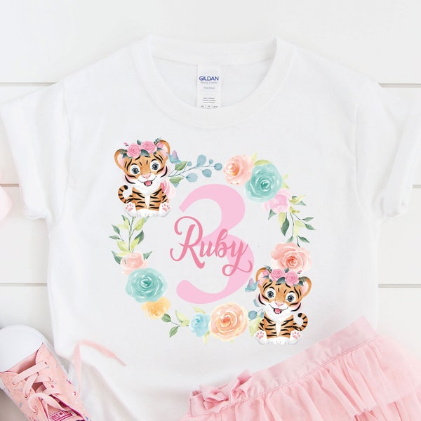 Personalised girls cute tiger Birthday T-Shirt, Any Name Any Age Birthday t-shirt, childrens birthday t-shirts, birthday outfit girl