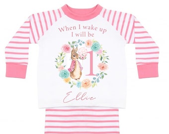 Girls Pink birthday pyjamas, girls 1st birthday pjs, when I wake up I’ll be one pjs, birthday eve pjs, when I wake up I’ll be 1, 2, 1st, 2nd