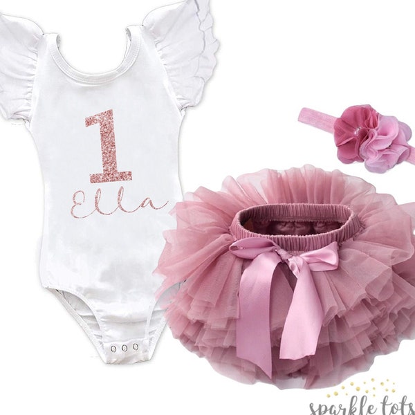 1st birthday, rose gold outfit, one outfit, 1st, 2nd, 3rd birthday outfit, blush mauve baby girls outfit, flutter ruffle sleeve leotard tutu