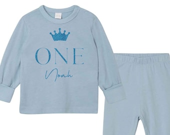 Personalised First Birthday, Boys blue pyjamas, Boys Pj's, 1st, 2nd, 3rd Birthday PJS, Birthday Gift, Crown, Glitter, Boys Pyjamas gift UK