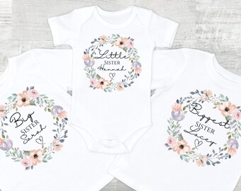 Little sister baby grow, big sister shirt, Big sister little sister matching, personalised big sister little sister outfits, announcement