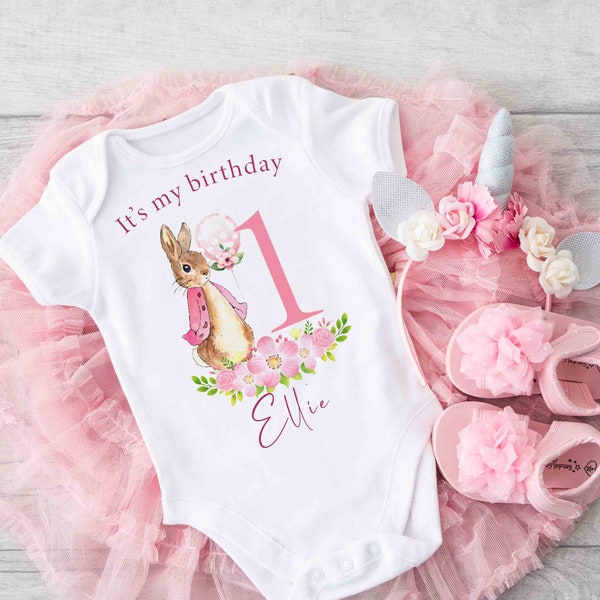 Girls 1st First Birthday baby grow and bib, Cake Smash Outfit Personalised Peter rabbit 1st birthday baby vest top UK, 1st birthday girl