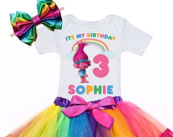 trolls birthday outfit, poppy trolls birthday outfit, birthday outfit, rainbow birthday shirt, girls personalised birthday outfit, tutu set