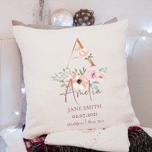 Personalised Baby Birth Stats Cushion, Personalised baby shower gift, Keepsake Baby Girl gift, Baby announcement, Personalised Present UK image 1