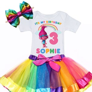 trolls birthday outfit, poppy trolls birthday outfit, birthday outfit, rainbow birthday shirt, girls personalised birthday outfit, tutu set image 1