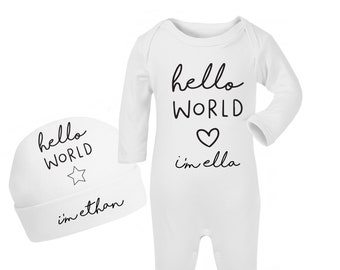 Sleepsuit Rompersuit New Baby Gift Set, Vest Bodysuit, Unisex Newborn Hello World Personalised White Babygrow with Optional Hat /& Blanket